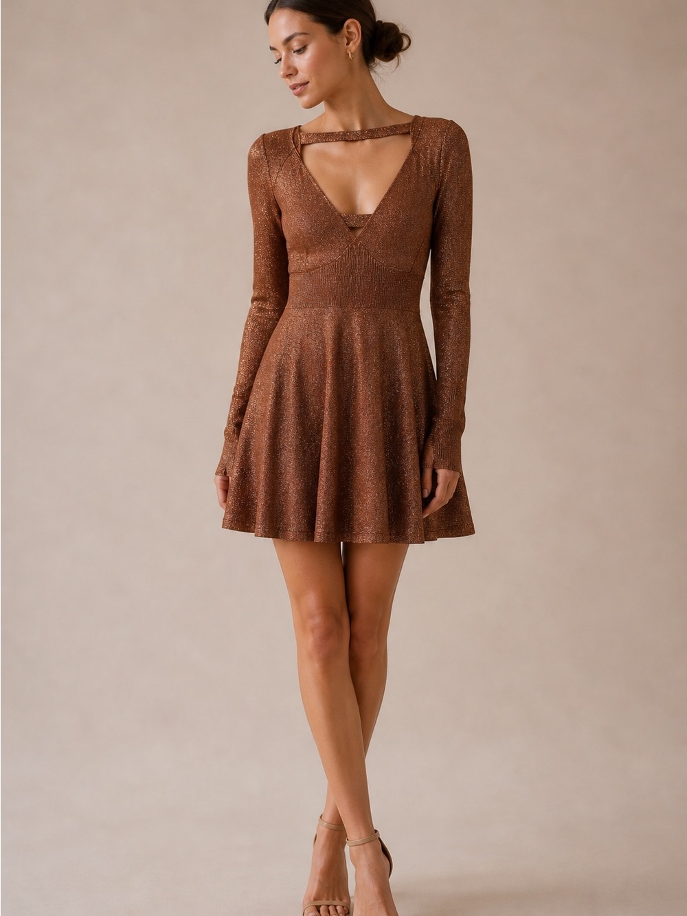 Free People Metallic Copper Knit Fit & Flare Long Sleeve Dress Size XS